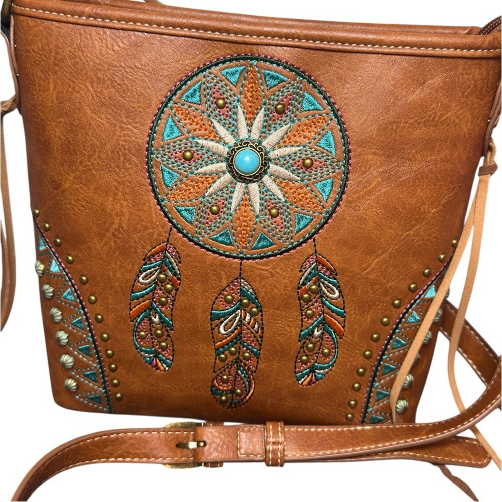 Montana West Brown and turquoise color Crossbody Bag with Medallion Design - Picture 4 of 8